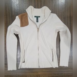 Lauren by Ralph Lauren Suede Patch White Cardigan- Womens Size Medium